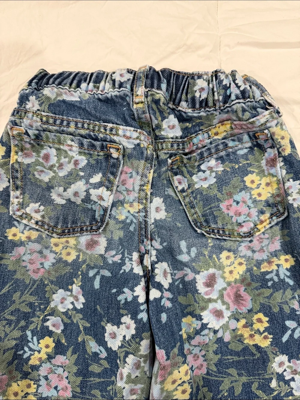 GAP Floral Wide-Leg Denim Pants - Blue with Pink, Yellow & Green